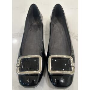 Stuart Weitzman Black Patent Ballet Slippers Silver Buckle Round Toe Size 9.5 N